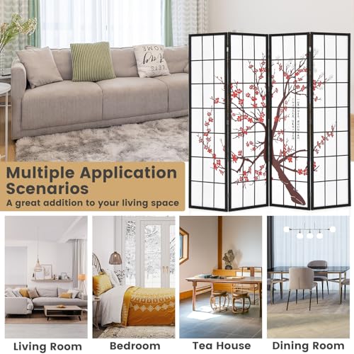 GOFLAME Japanese Style 4 Panel Room Divider, 6ft Folding Shoji Screen Room Partition with Plum Blossom Design, Solid Wood Frame, Freestanding Wall Divider, Indoor Room Separator for Home Office