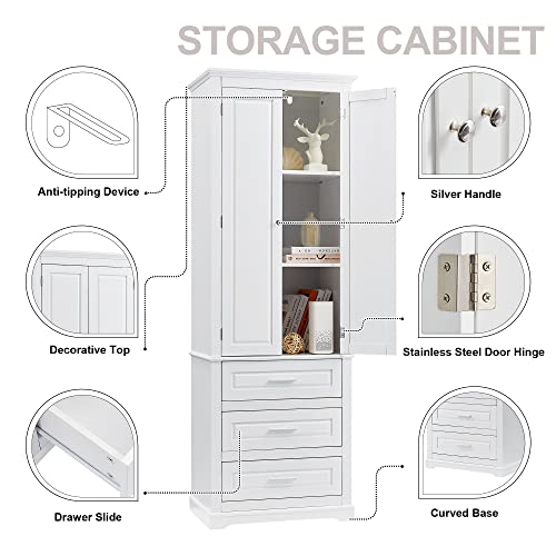 Tall Bathroom Storage Cabinet with 2 Door, Freestanding Floor Cabinet with 3 Drawers and Adjustable Shelves, Large White Linen Cabinet for Bathroom, Kitchen, Living Room