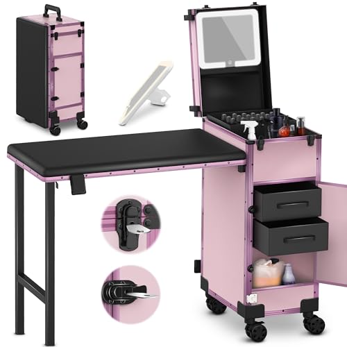 EASYINBEAUTY Rolling Portable Manicure Table with 2 Drawers, Mirror & Nail Polish Organizer, Lockable Makeup Train Case with Foldable Nail Desk, Cosmetic Travel Case for Workstation Mobile, Nail tech