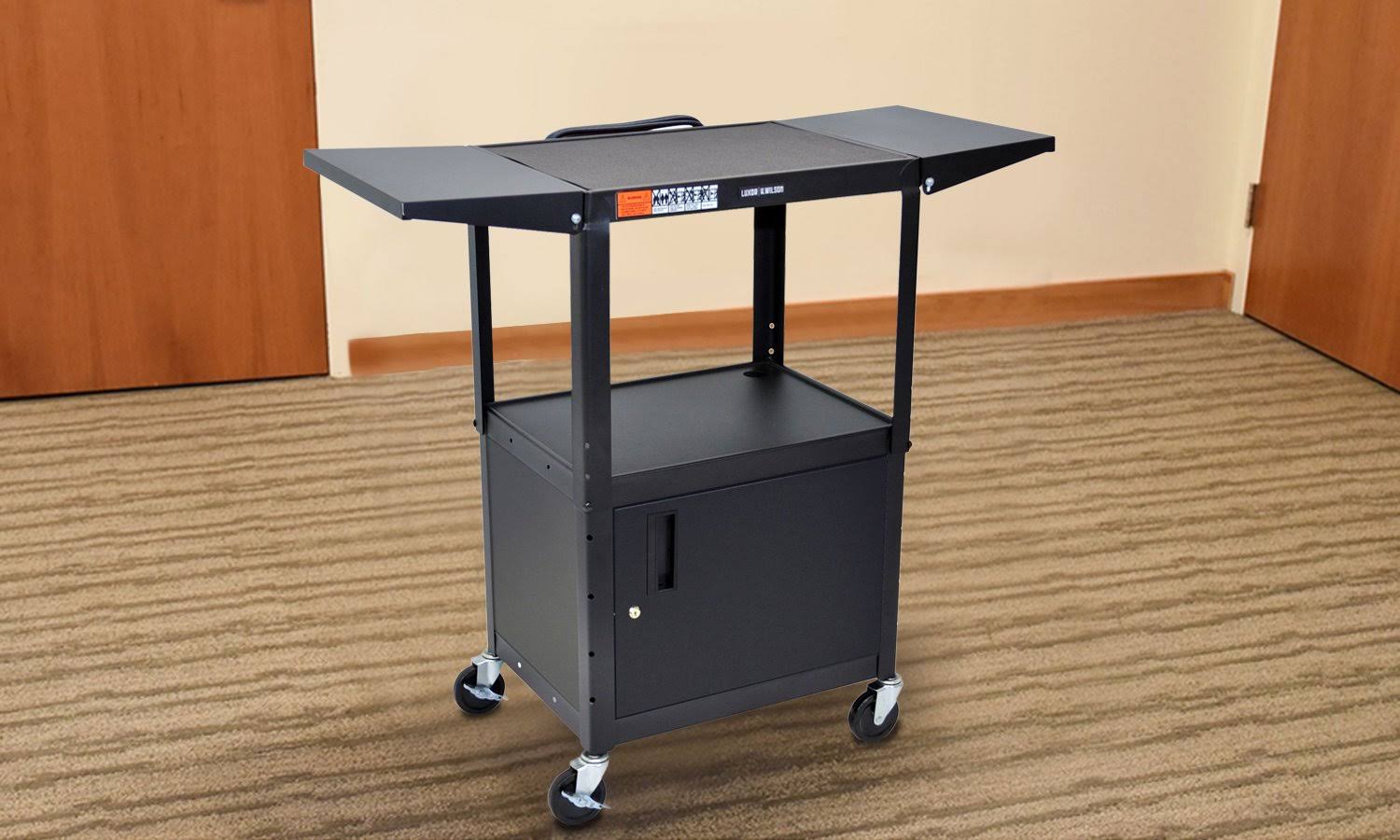 Luxor Adjustable Height Steel AV Cart - Cabinet, Drop Leaf (Black)