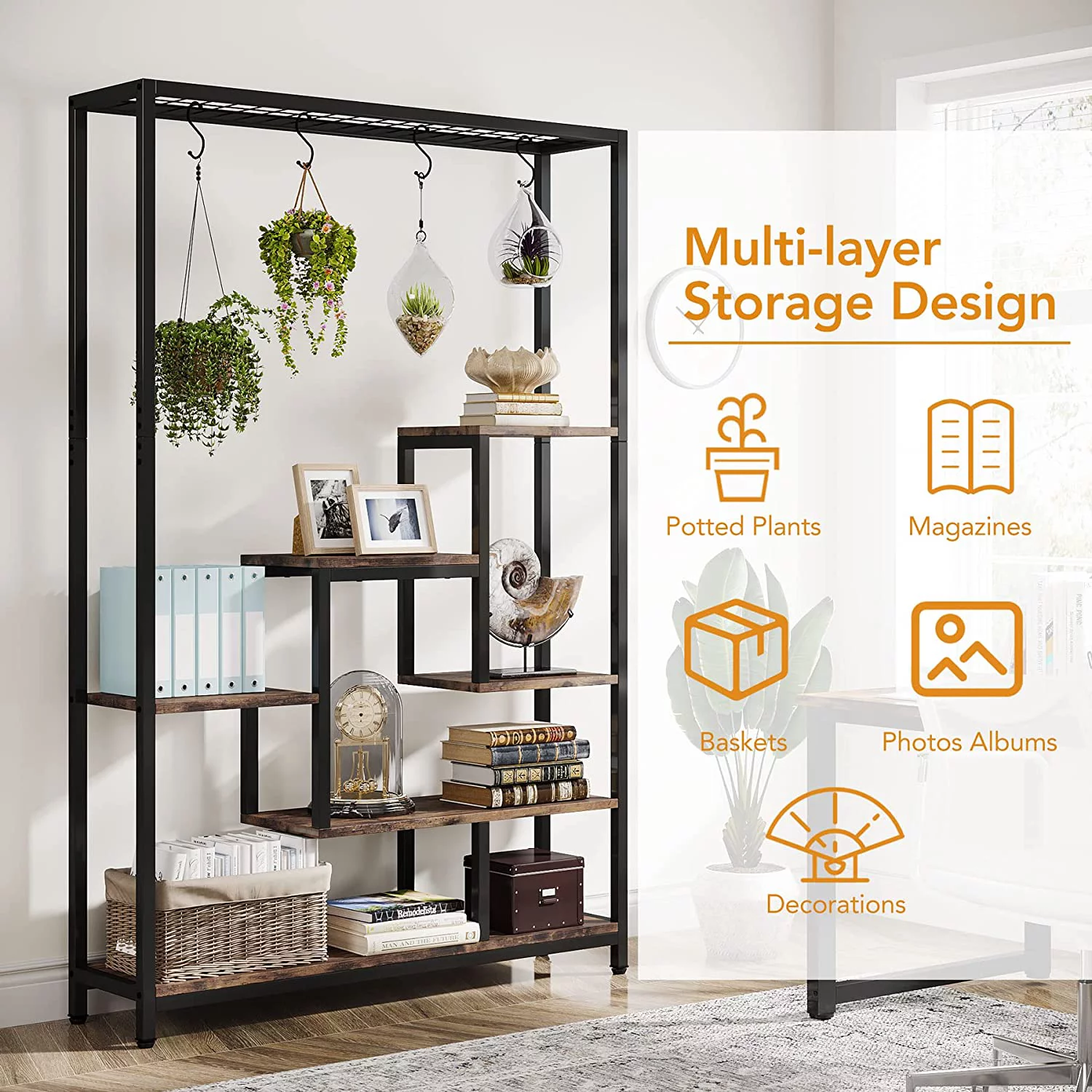 Tribesigns 5-Tier Tall Indoor Plant Stand, 70.9 inches Metal Large Plant Shelf with 10PC S Hanging Hooks, Multi-Purpose Flower Bonsai Pots Display Rack for Indoor, Garden, Balcony, Living Room
