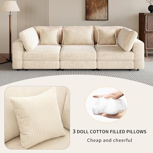 Oversized 3 Seater Sofa Couch, 105'' Modern Upholstered Couch with Removable Back Cushions and 5 Pillows, Comfy Corduroy Fabric Deep Seat Sofa for Living Room, Office, Apartment (Gray)