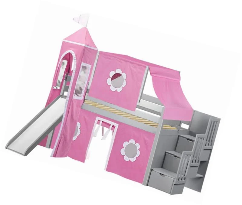 Jackpot Princess Low Loft Stairway Bed with Slide Pink u0026 White Tent and Tower, Loft Bed, Twin, Gray