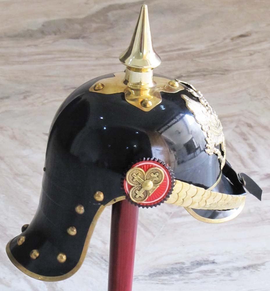 German Helmet Brass Accents Prussian PICKELHUBE Imperial Officer Spike Helmet Finish Black Painted Size Inner Circumference 67 CM