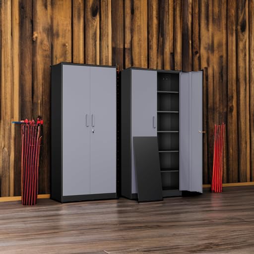 Yizosh Metal Garage Storage Cabinet with 2 Doors and 5 Adjustable Shelves - 71" Steel Lockable File Cabinet,Locking Tool Cabinets for Office,Home,Garage,Gym,School (Gray White)