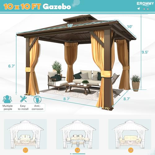 EROMMY 14'x20' Hardtop Gazebo Double Roof Galvanized Steel Canopy Outdoor Aluminum Frame Permanent Metal Pavilion with Netting and Curtains for Patio Backyard Deck and Lawns