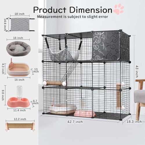 4-Tier Cat Cage with Storage Cubes, Large Cat Cages Indoor with Litter Box, DIY Metal Wire Cat Enclosure Playpen Kennels Crate Catio with Hammock, Cat Bed, Scratcher, Bowl for 1-3 Cats