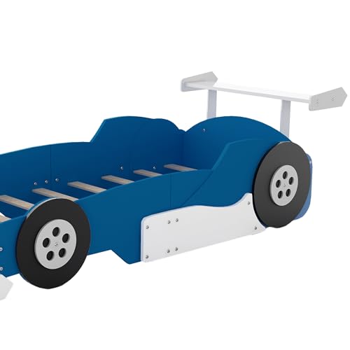 Twin Size Car Bed for Boys,Race Car-Shaped Wooden Platform Bedframe with Wheels & Safety Guardrail,Slats Support,Easy Assembly,Fun Play for Kids Toddlers Child's Bedroom,Yellow PU