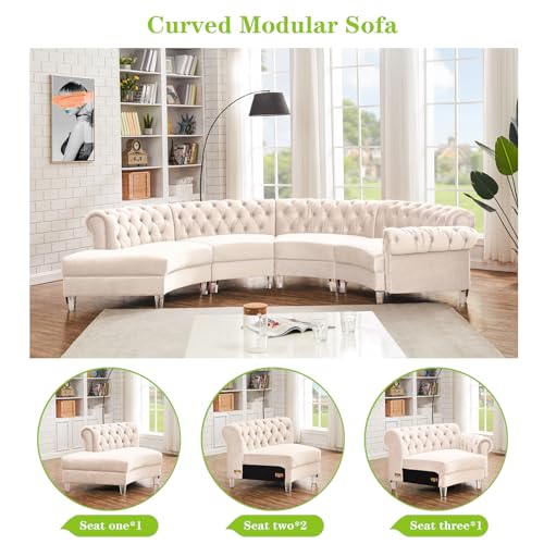 Velvet Curved Symmetrical Modular Semi Circular Sofa Sectional, Cream