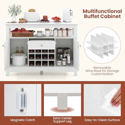 Giantex Bar Cabinet with Storage, Buffet Sideboard w/ 12-Bottle Removable Wine Rack, 2 Doors & Drawer, Multipurpose Wine Liquor Coffee Cabinet for Kitchen, Dining Room, Living Room, Entryway (White)