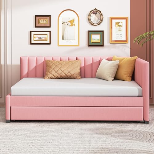 Full Size Upholstered Daybed with Smarter LED and Trundle, Teddy Fleece Sofa Bed with Ergonomic Design Backrest for Kids, Bedroom, Dorm (Beige#Teddy Fleece2, Full)
