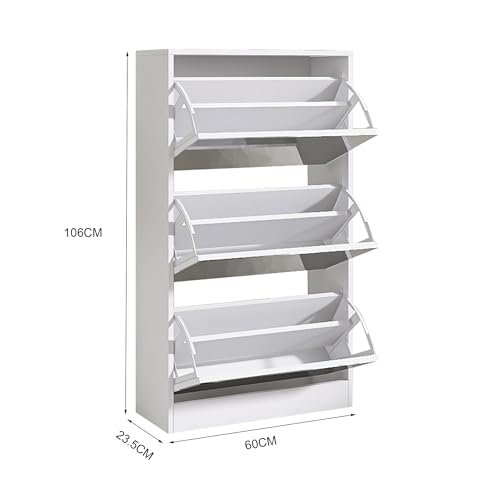 White Shoe Cabinet, Shoe Organizer Cabinet with Hanger, Slim Hidden Shoe Rack Cabinet, Freestanding Shoe Storage Cabinet with 3 Flip Drawers & 2 Sliding Drawers for Entryway, Hallway