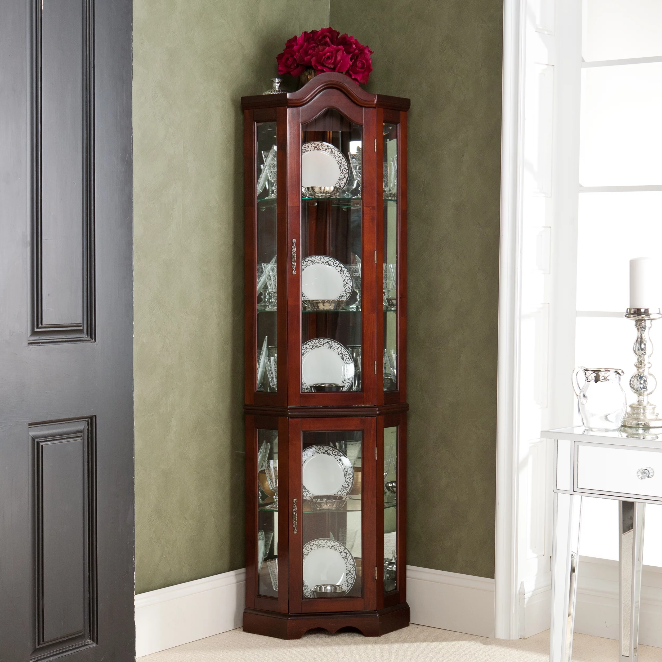 SEI Furniture Canterdale Lighted Corner Curio Cabinet - Mahogany 21.25 x 70