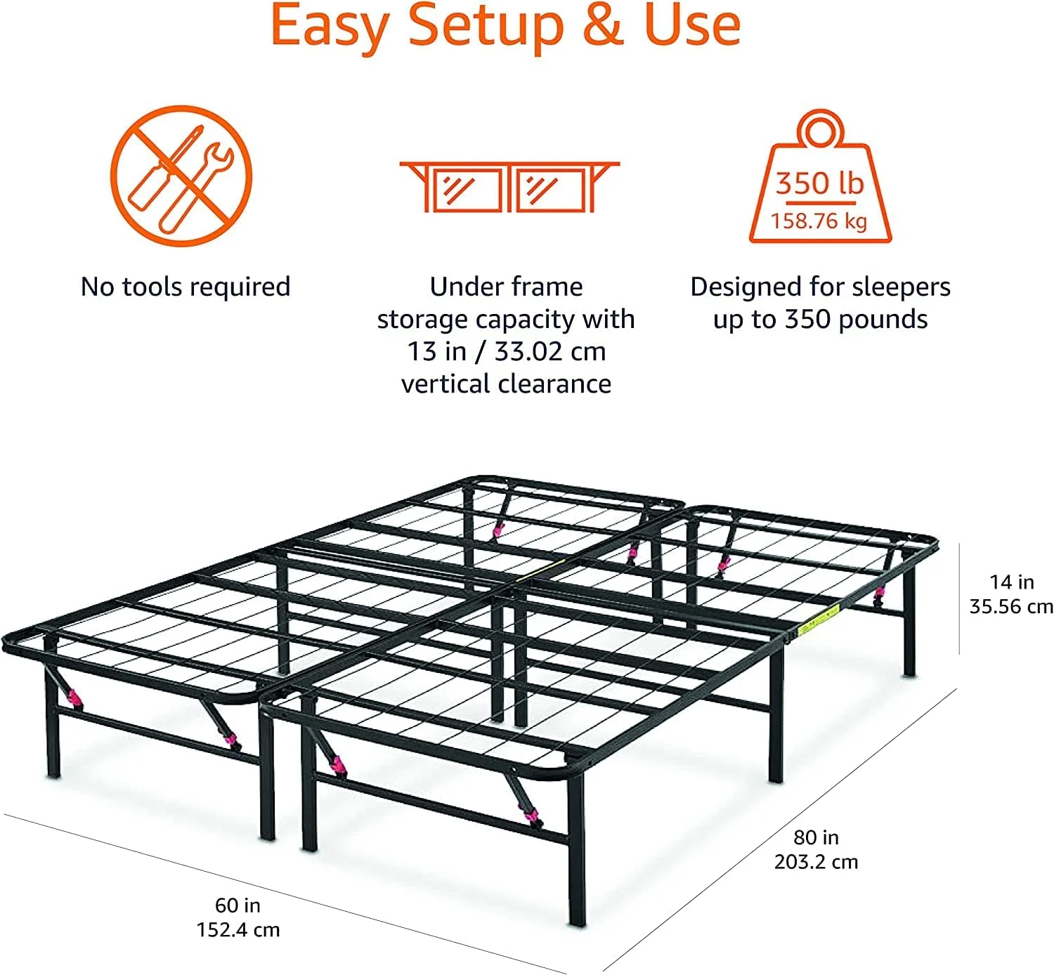 Foldable Metal Platform Bed Frame with Tool Free Setup 14 Inches High  Queen Black