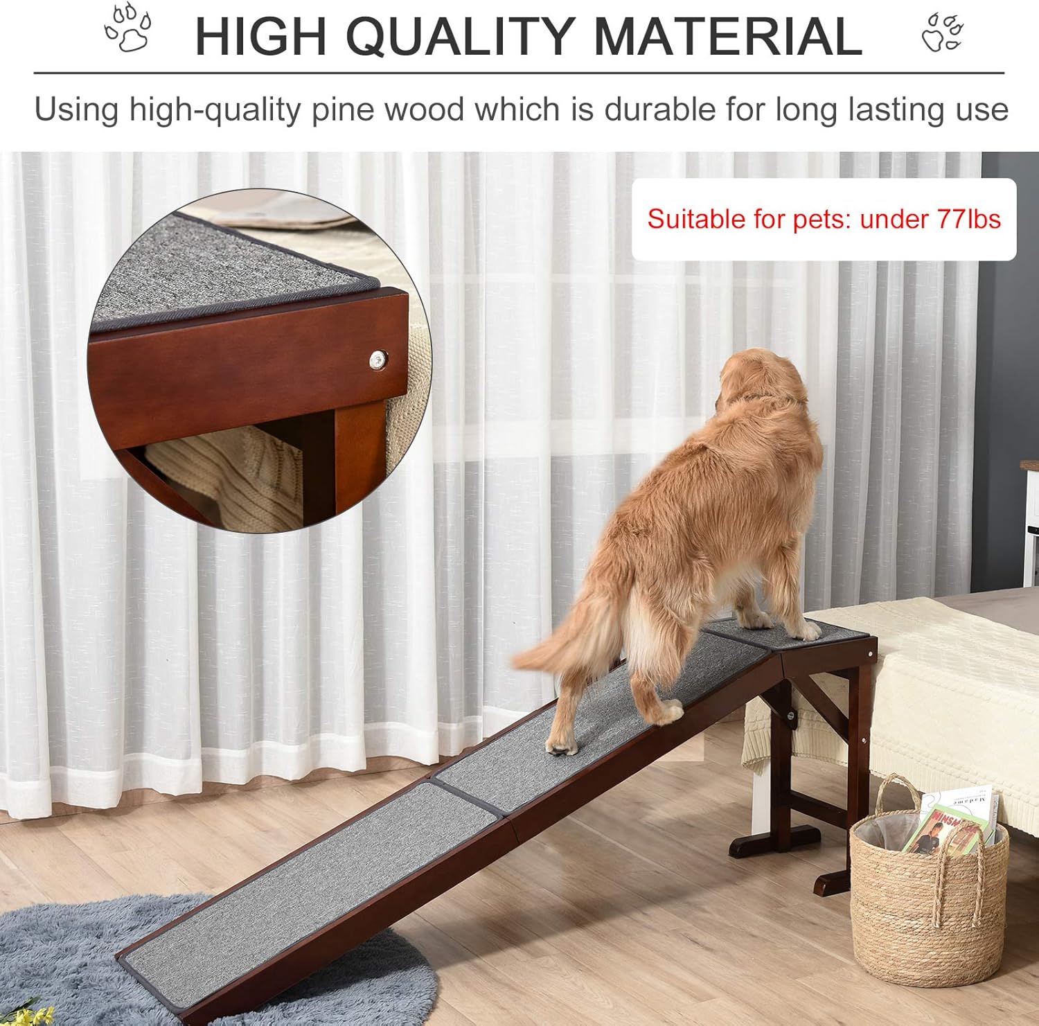PawHut Pet Ramp for Dogs Non-Slip Carpet Top Platform Pine Wood 74 L x 16 W x 25 H, Brown Grey