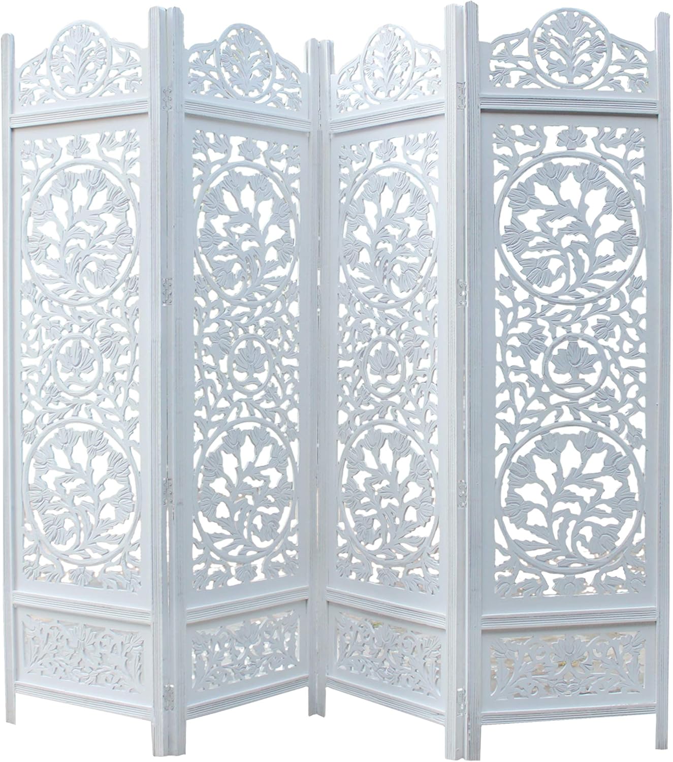 COTTON CRAFT Rajasthan Antique Brown 4 Panel Handcrafted Wood Room Divider Screen 72x80 Intricately Carved on Both Sides Reversible-Hides Clutter,Adds Décor,& Divides The Room Antique Brown Rajasthan