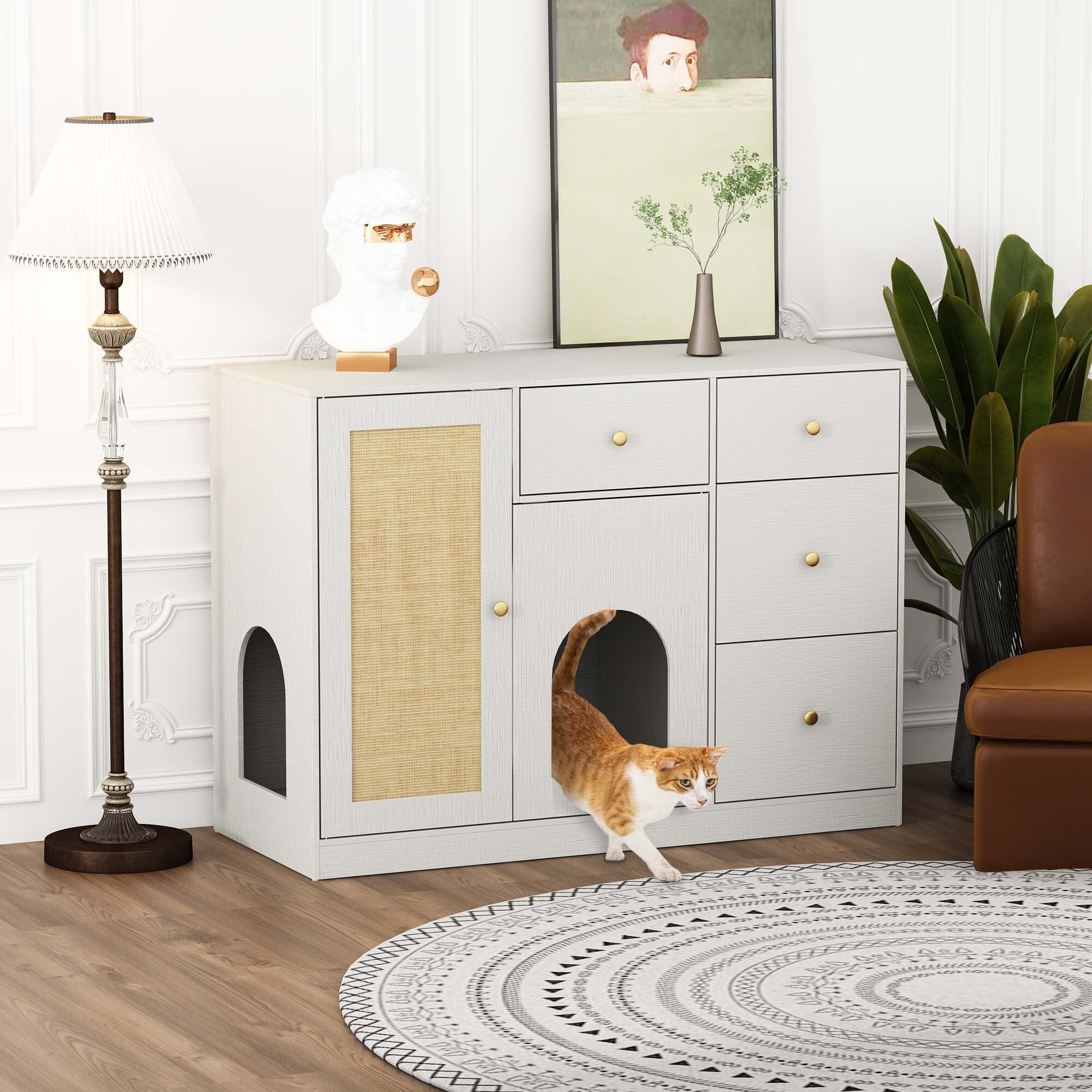 47.2" Cat Litter Box Enclosure Furniture with 4 drawers & Sisal door