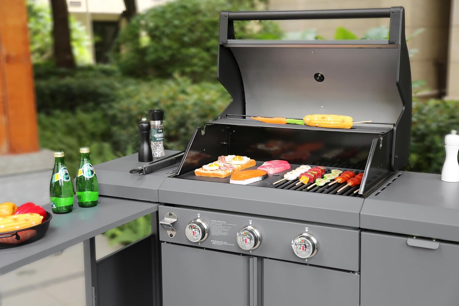 Brand-Man 3-Burner Propane Gas BBQ Grill, Stainless Steel Cabinet Style Grill 30000 BTU for Outdoor Cooking Kitchen Island and Patio Backyard Barbecue with Fold-out Prep Table, Gray