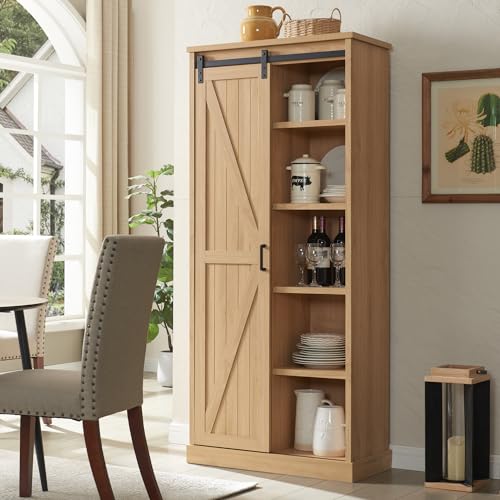 72" Tall Farmhouse Kitchen Pantry with Sliding Barn Door, Large Wood Kitchen Storage Cabinets with Adjustable Shlef, Rustic Wood Cupboard for Dining Room, Bathroom, White