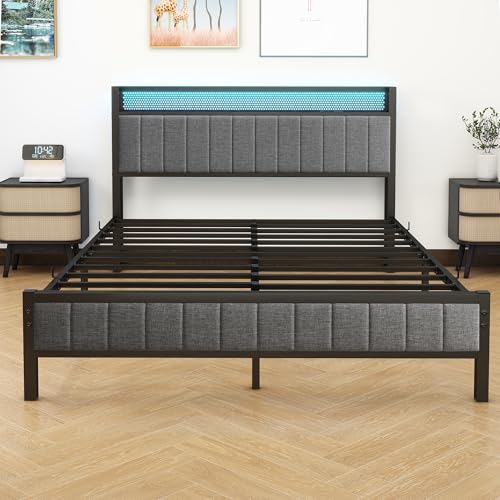 Queen Bed Frame with Storage Headboard and Footboard, Metal Platform Upholstered Bed Frame Queen Size with Charging Station, USB Ports and RGB LED Lights, No Box Spring Needed, Gray Queen Bed