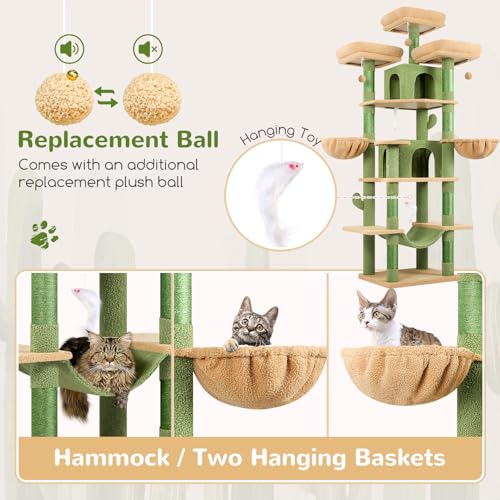 Globlazer Big Cat Tower for Indoor Cats, 80inch Cat Tower for Multiple Adult Cats XXL Cat Tree with Scratching Post, Hammock, 3 Perches, 2 Condos, 2 Hanging Basket, F80, Light Grey