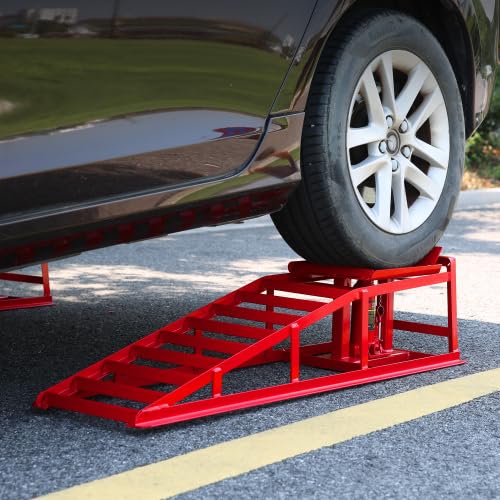 2PCS 5 Ton Hydraulic Car Ramps, Heavy Duty 3-Position Adjustable Vehicle Lift Ramps 9.3"-14" Height, Anti-Slip Steel Ramps for Oil Changes & Garage Repairs, Red