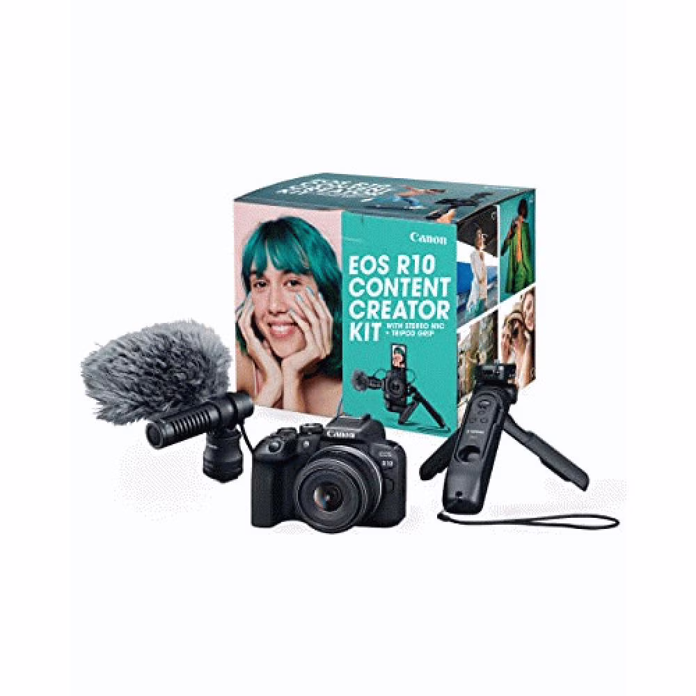 Canon EOS R10 Content Creator Kit - Mirrorless Vlogging Camera, 24.2 MP, 4K Video, DIGIC X Image Processor, RF-S18-45mm F4.5-6.3 is STM Lens - Stereo Microphone, Tripod Grip, Wireless Remote Control
