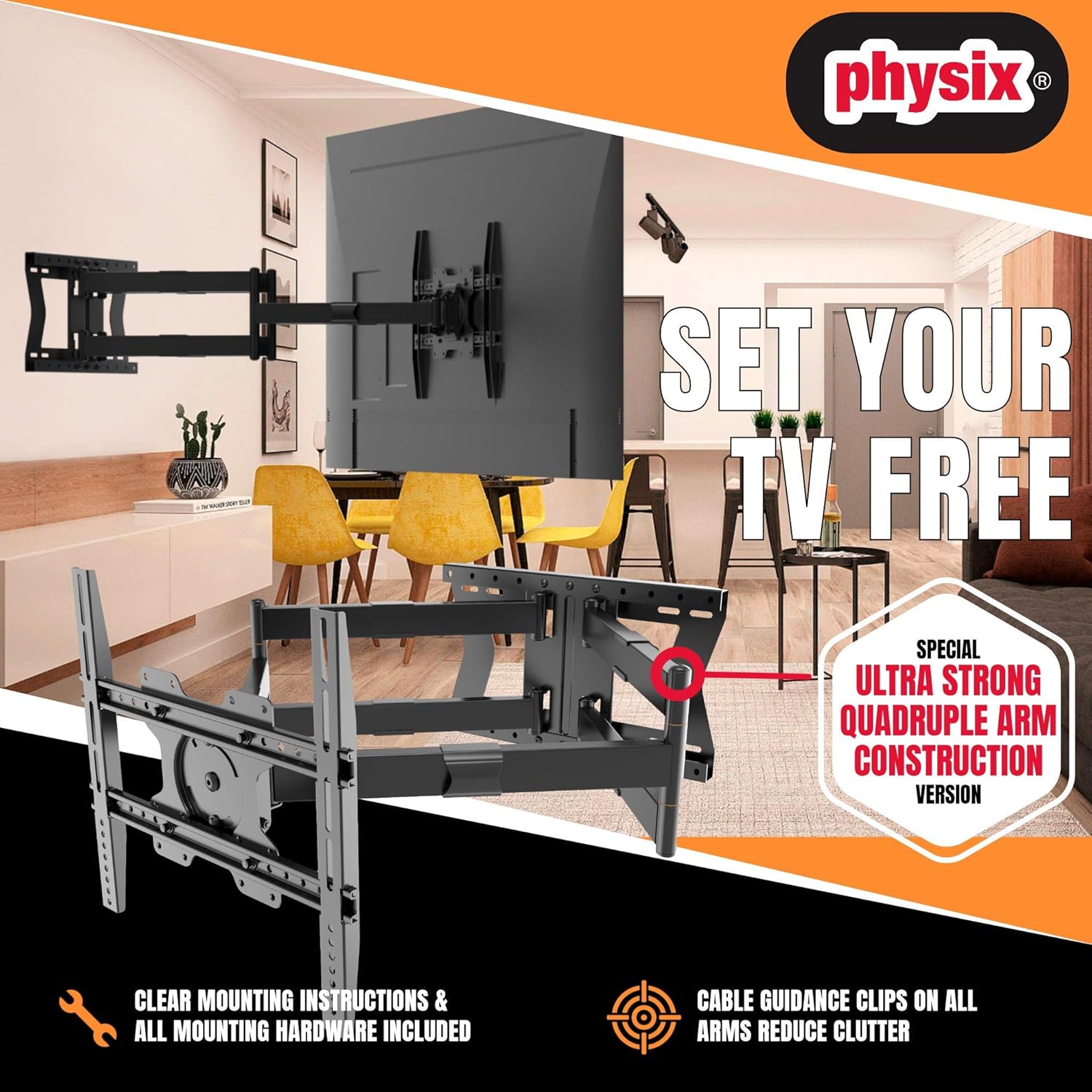Physix 4100 Long arm TV Wall Mount for 32-85 inch Screens Extra Long Extension up to 40 inch Heavy-Duty TV Mount Holds up to 120 lbs Full-Motion, swivels up to 180° Max. VESA 400x400, Black