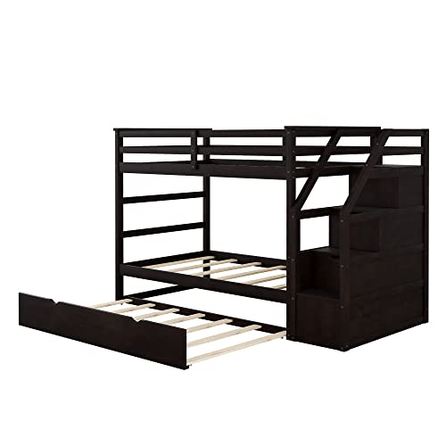 Twin-Over-Twin Bunk Bed with Trundle,Bunk Beds with Storage Stairs,Wood Bunk Bedframe for Kids, Teens, Adults, No Box Spring Needed(White)