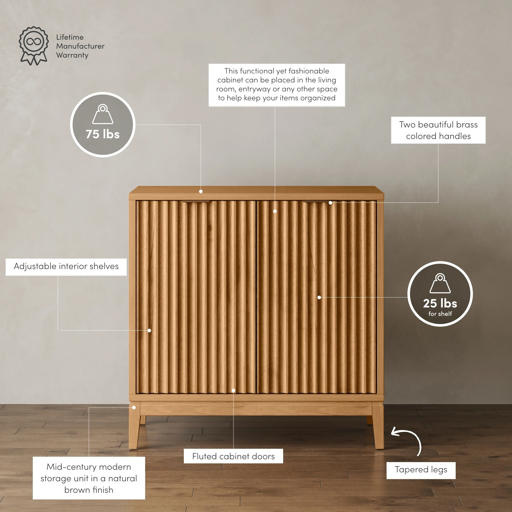 Nathan James Jasper Modern Sideboard, Kitchen Storage Cabinet with Fluted Doors, Accent Storage for Kitchen or Living Room, Natural Brown