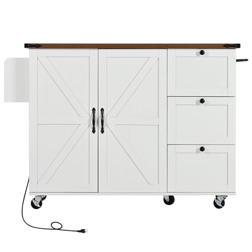 Kitchen Island with Storage, Rolling Kitchen Island Cart On Wheels with Power Outlet & Drop Leaf Countertop, Mobile Island Table for Kitchen with 2 Drawers 2 Cabinet, Spice Rack, Towel Rack, Black
