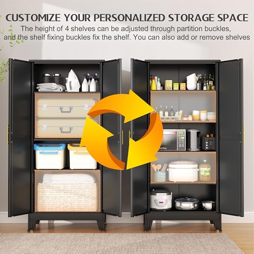 75.2" Tall Metal Pantry Cabinet, Storage Cabinets with 4 Door and 4 Adjustable Shelves, Black Kitchen Pantry Storage Cabinet, Freestanding Cupboard for Kitchen Dining Room Living Room Bathroom