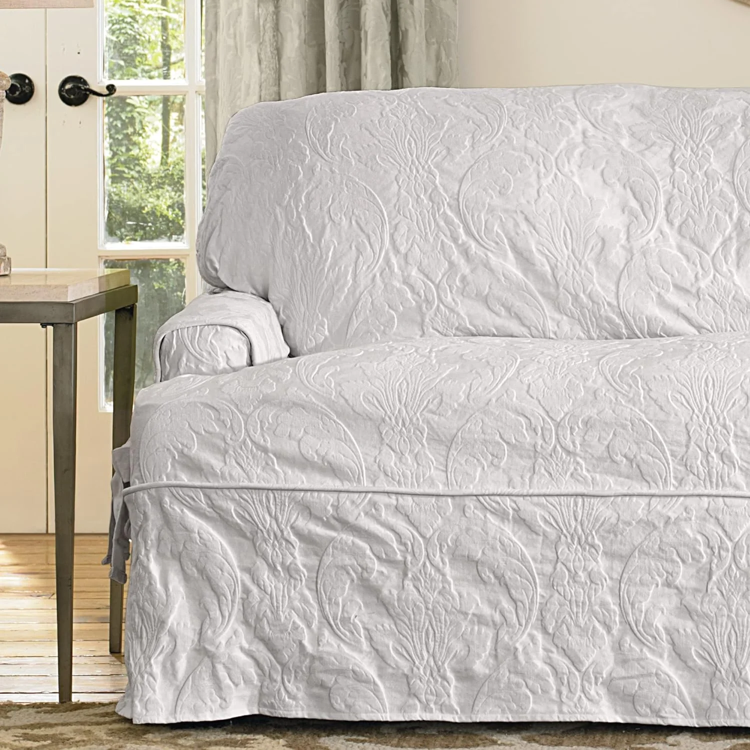 Matelasse Damask 1 Piece T-Cushion Kick Pleat Sofa Slipcover White