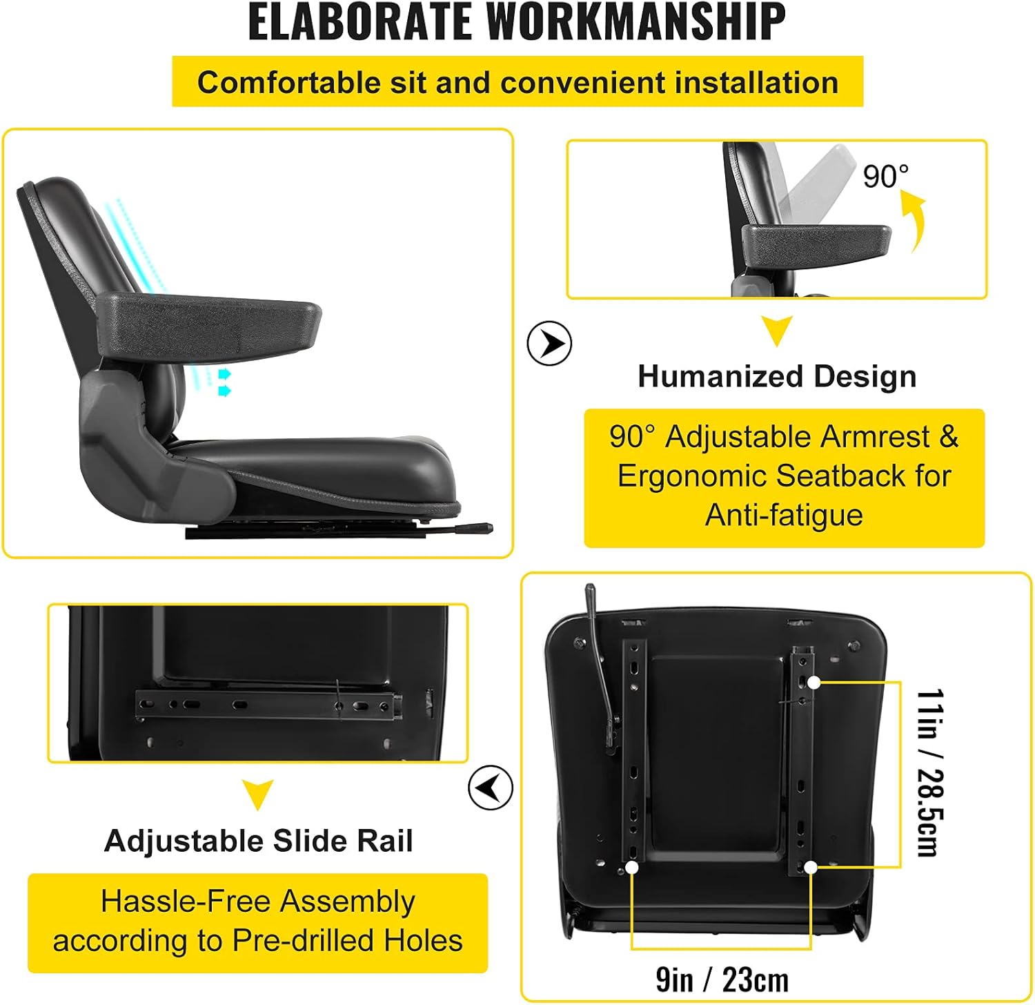 VEVOR Universal Forklift Seat with Safety Switch,Black PVC Tractor Seat 18.5" x 20" x 18", 6" Adjustable Mower Seat, Foldable Seat Including Armrests, Skid Steer Seat Fit Forklift,Tractor,Skid Loader