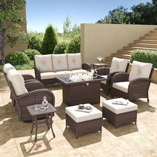 5 Pieces Wicker Patio Furniture Set, Luxury Outdoor Conversation Set with High Back Swivel Rocker Chairs