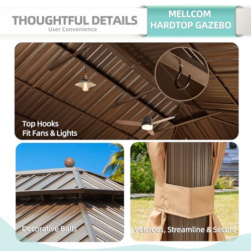 MELLCOM 12'x16' Hardtop Gazebo, Galvanized Steel Metal Double Roof Canopy with Curtains and Netting, Brown Permanent Pavilion Gazebos with Aluminum Frame for Garden, Patio, Lawns, Deck