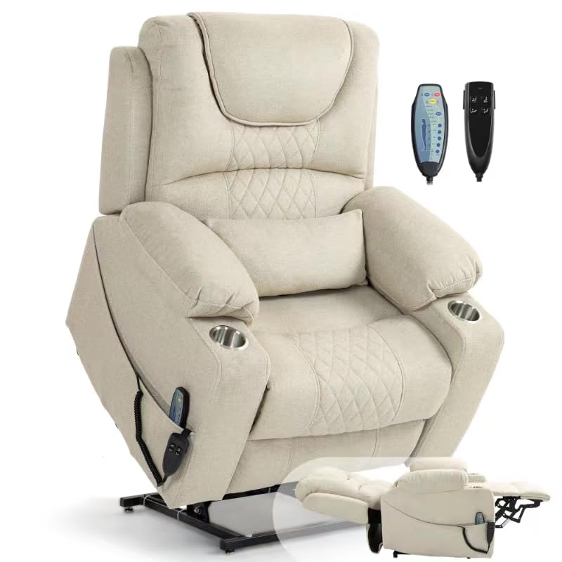 Power Lift Chair Lay Flat Recliner Infinite Position Electric Dual Motor Stand Up Lift Chair with Massage and Heat for Adults,Heavy Duty Recliners with 2 Remote Controls and Two Cup Holders