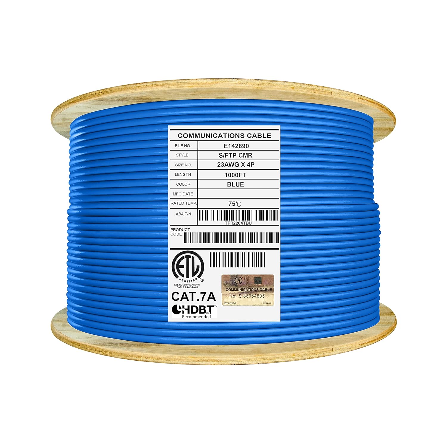 Elite CAT7A Shielded Riser (CMR), Ethernet Cable 1000ft Reel, Shielded Foil Twisted Pair (S/FTP) 23AWG, Solid Pure Bare Copper, 1000MHz, UL Certified, Easy Pull, Bulk Networking Cable - Blue