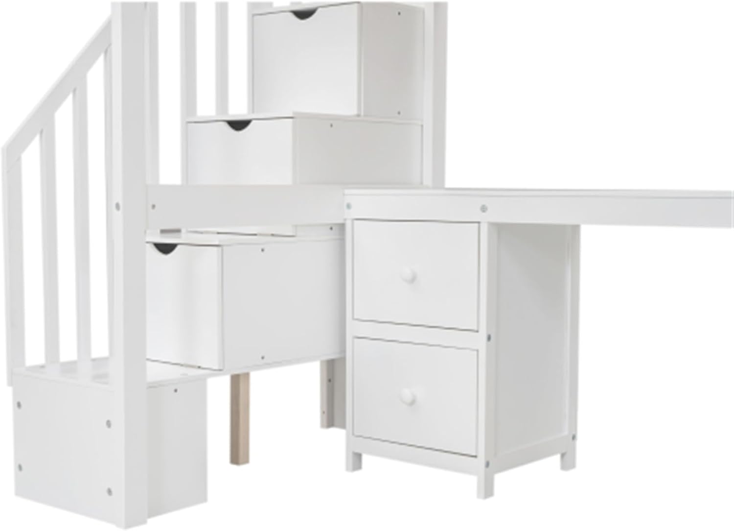 Simple double loft bunk bed frame with built-in desk and double storage drawers, with ladder fence, white