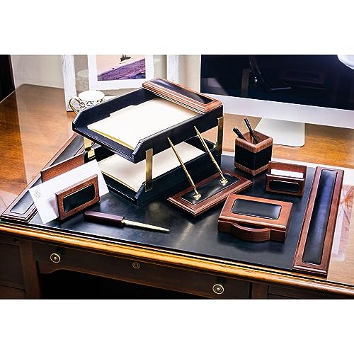 Dacasso Walnut & Black Leather Desk Set - 10 Piece Desk Organization Essentials with Desk Pad - Luxury Executive Desk Decor & Office Organization