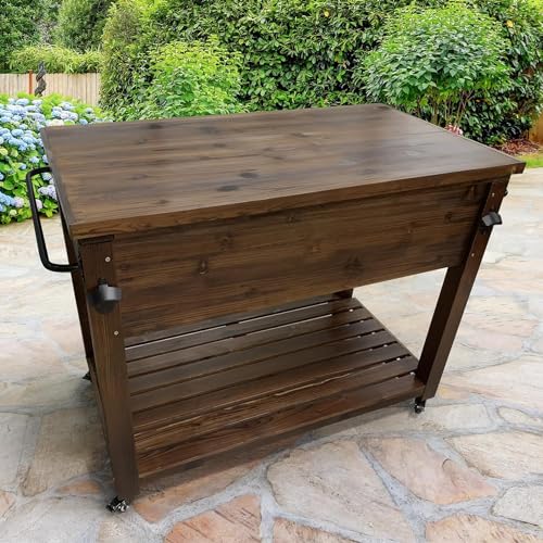 Wooden Patio Cooler with Wheels, Handles and Bottle Opener, Ice Chest with Shelf, Portable Beverage Drink Rolling Cart for Outdoor, Backyard, Garden, Deck, 100-Quart