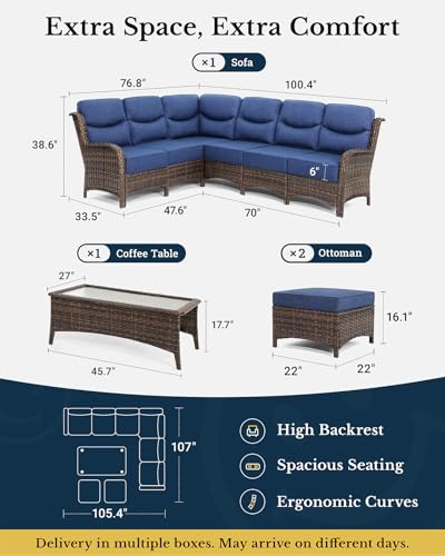 Luxury Patio Furniture Set with 6-inch Thick Cushion, Outdoor Couch and High Back Swivel Rocker Patio Chairs, 7PCS Wicker Conversation Set for Deck, Yard, and Poolside in Blue (V2)