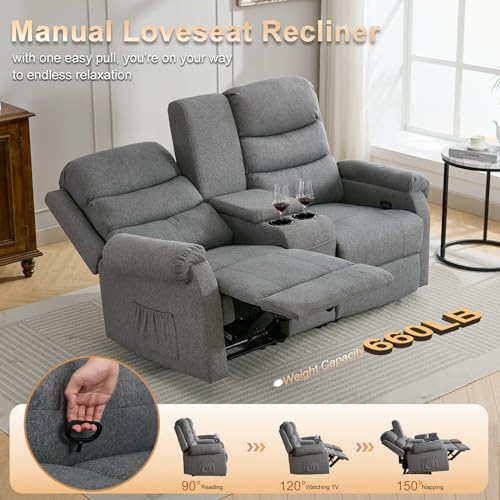 IPKIG 65.7" Manual Reclining Loveseat Sofa - Wall Hugger Loveseat Recliner with Console, Cup Holders and Side Pockets for Living Room, RV, Home Theater Seating (Brown, Loveseat)