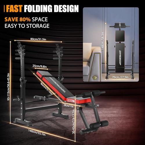 OPPSDECOR Weight Bench Set with Squat Rack, 6 in 1 600lbs Foldable Bench Press Set With Removable Leg Catch, Adjustable Incline Flat Decline Sit Up Workout Bench, Strength Training for Home Gym