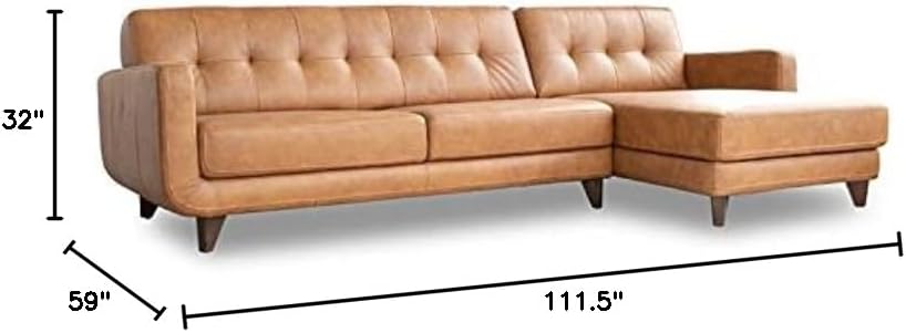 ASHCROFT Elva Mid Century L-Shaped Genuine Leather Right Facing Chaise Sectional, Light Brown Tufted Tight Back Sectional Sofa for Living Room Waiting Area Office Apartment Dorm Home, Tan