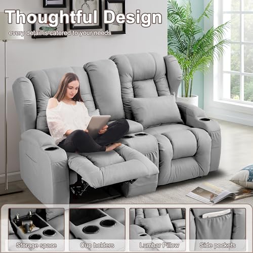 Loveseat Recliner Sofa, Manual Reclining Home Theater Seating with Console, RV Double Recliner with Cup Holders and Side Pocket for Living Room, Beige