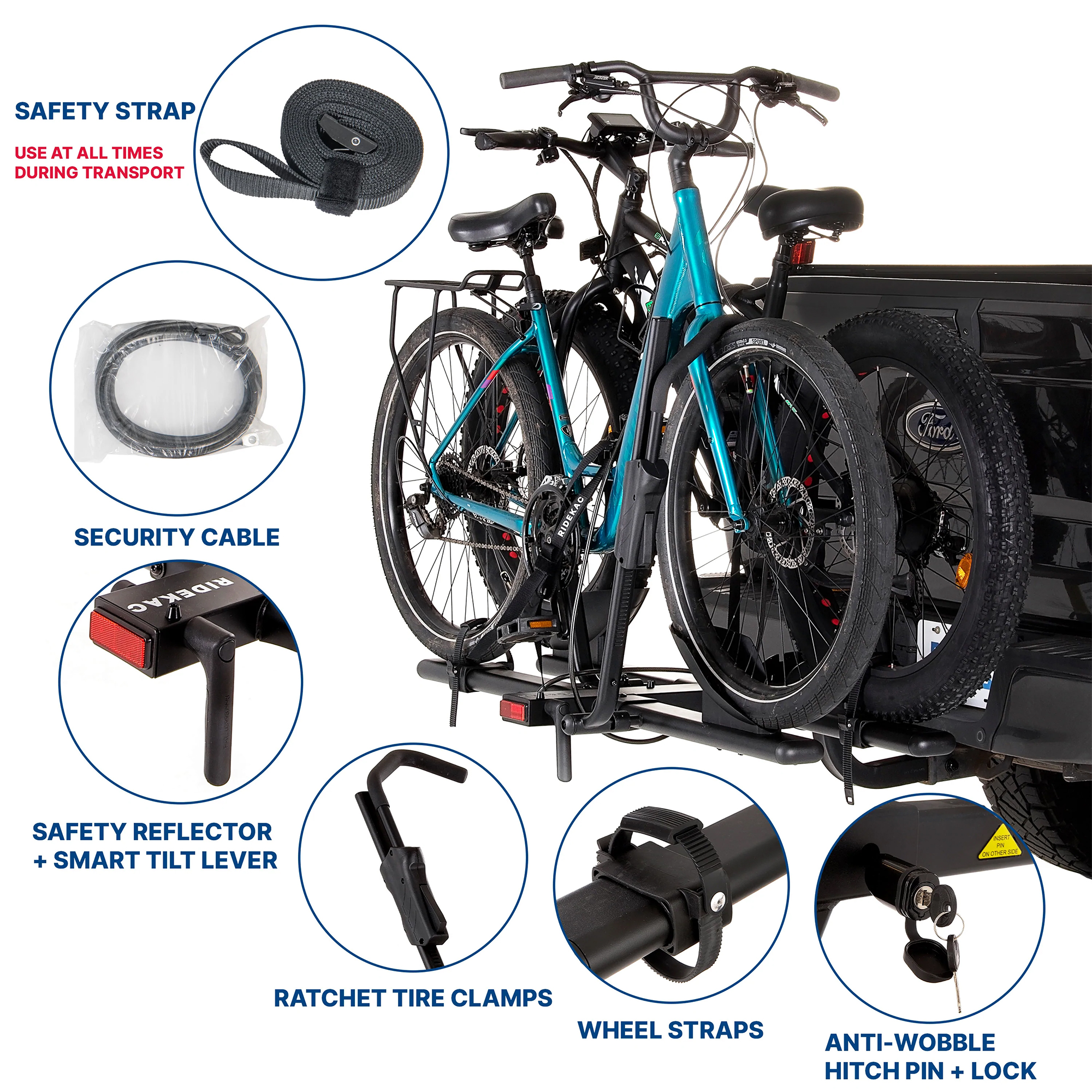 KAC C2 Premium 2" Hitch Mounted 2-Bike Bike Rack w/Locking Mechanism, Black
