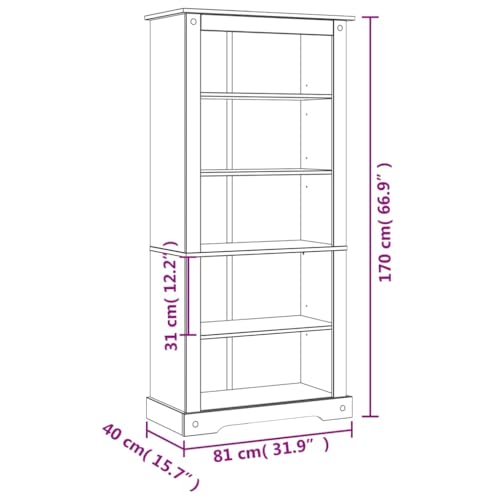 5-Tier Bookcase Mexican Pine Corona Range 31.9"x15.7"x66.9",Rustic Mexican Pinewood Bookcase with 5 Shelves for Ample Storage Bookcases & Standing Shelves