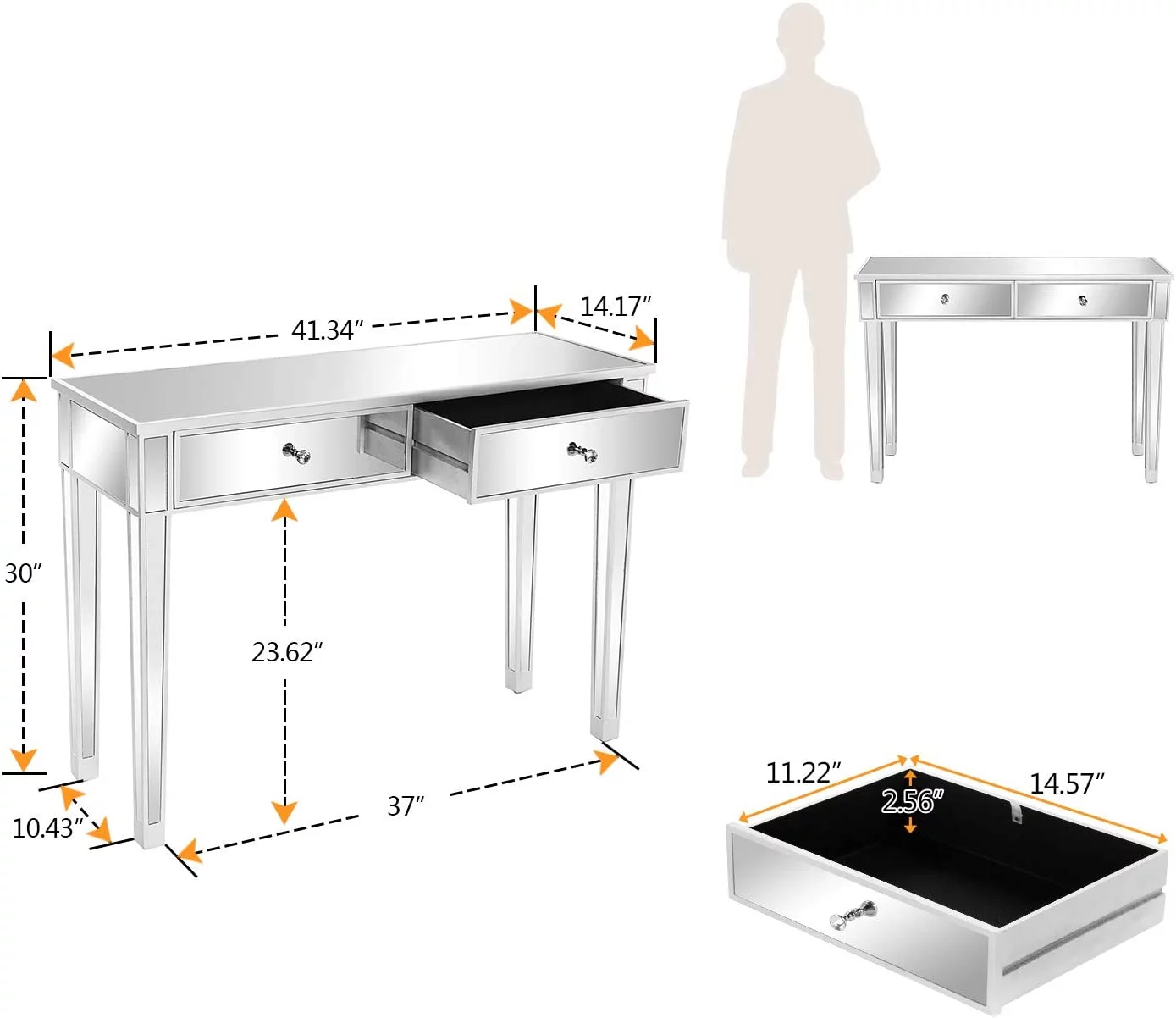 VINGLI Mirrored Console Table with 2 Drawers Mirrored Desk for Entryway Silver Vanity Table for Bedroom Modern Sofa Table