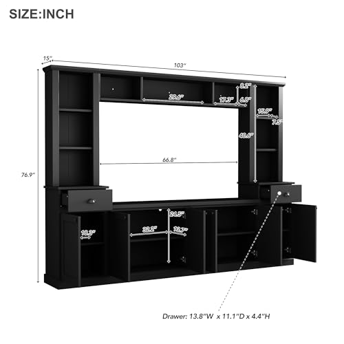Modern TV Stand Set with Storage Cabinets, Drawers and Shelves, Large Wall Unit Set Entertainment Center, Media Console Table Set for TVs Up to 75", Black